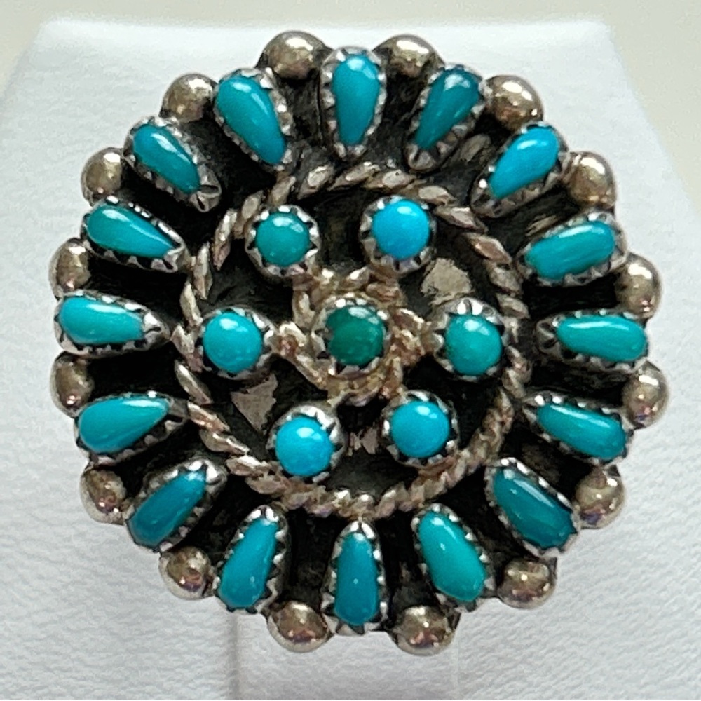 Vintage Zuni Turquoise Cluster Sterling Silver Ring - Picture 3 of 14